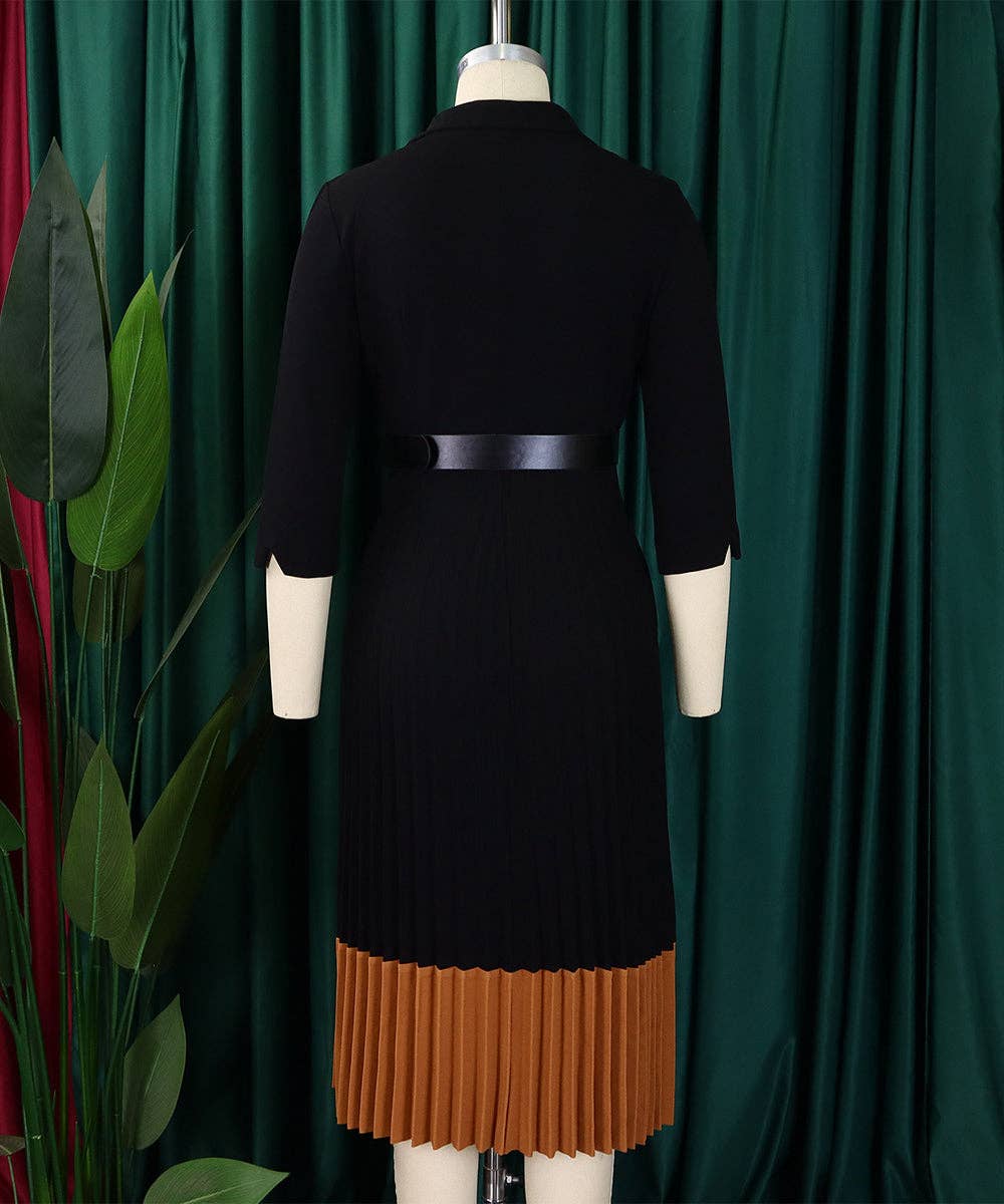 Tailored Collar Belted Pleated Dress