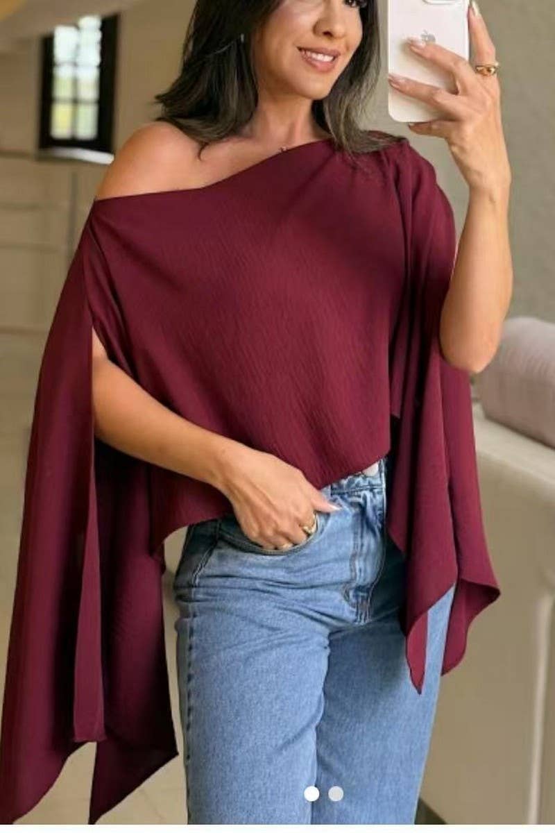 NINEXIS - CWTBLSL0898_OFF SHOULDER LOOSE BATWING SLEEVE SOLID TOP