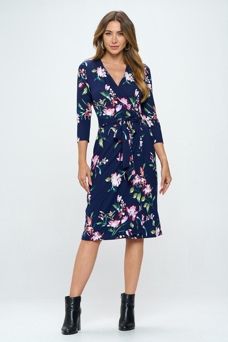 Floral Print V neck Jersey Wrap Dress with Tie