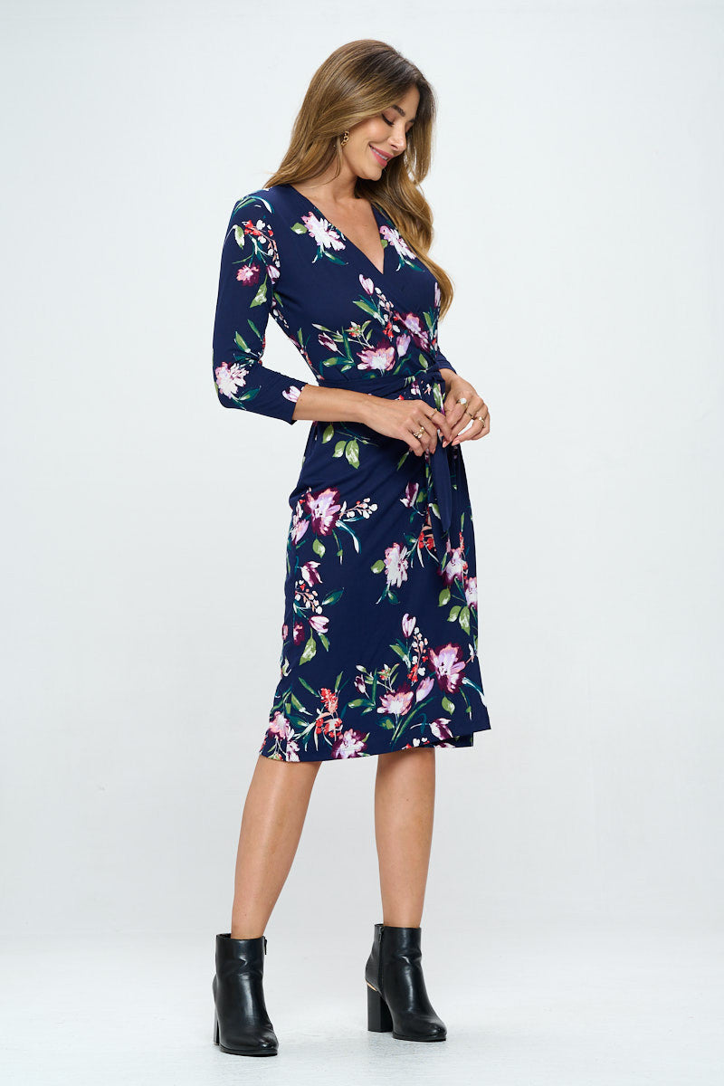 Floral Print V neck Jersey Wrap Dress with Tie