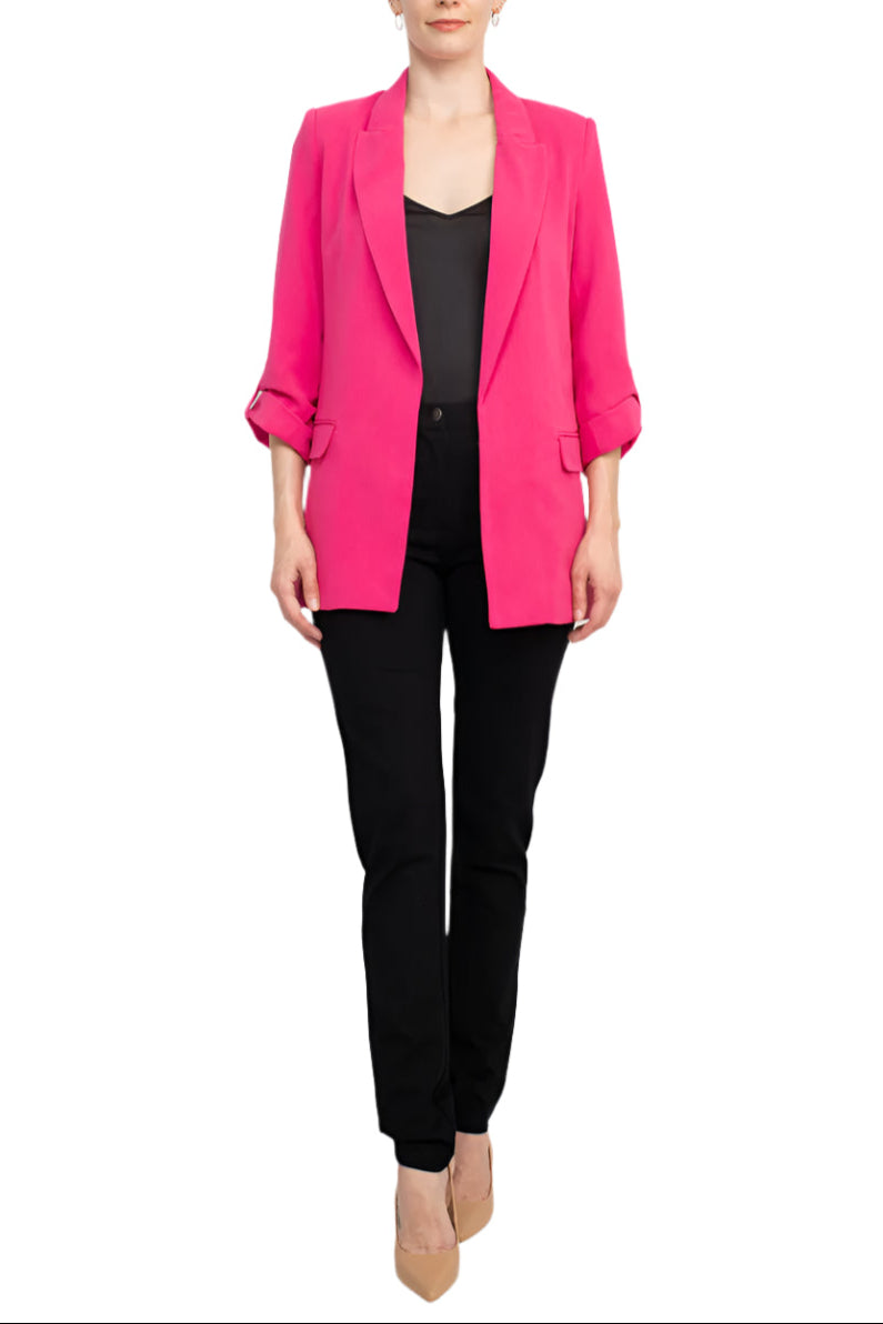 T Tahari Lapel Collar 3/4 Roll Sleeve Open Front Woven Jacket
