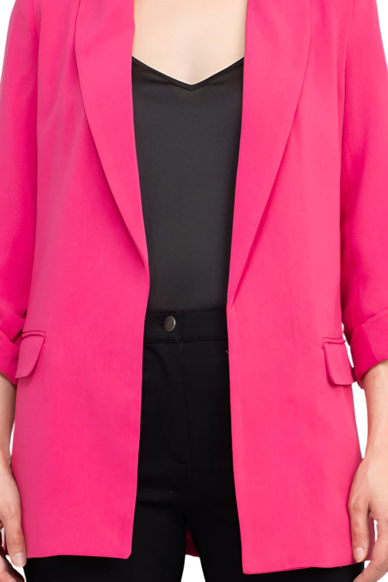 T Tahari Lapel Collar 3/4 Roll Sleeve Open Front Woven Jacket