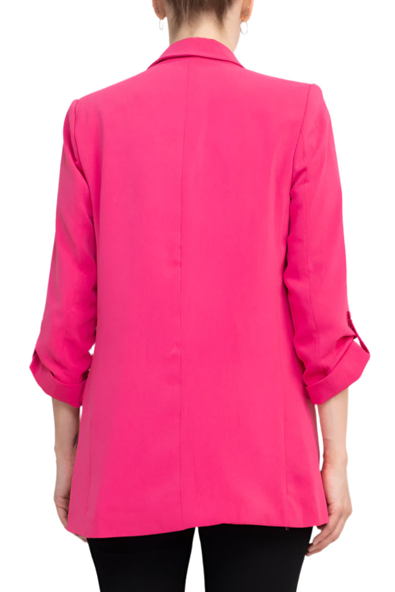 T Tahari Lapel Collar 3/4 Roll Sleeve Open Front Woven Jacket